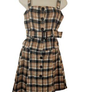 Love Toxic Womens Skirt Set Tan Plaid Belted Crop Top Mini Skirt XXS New